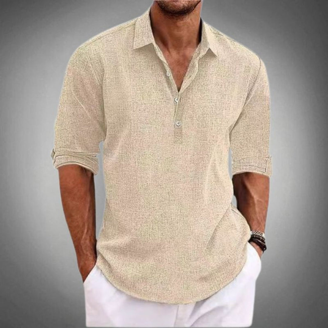 Men's Linen Henley Long-Sleeve Relaxed-Fit Polo Shirt