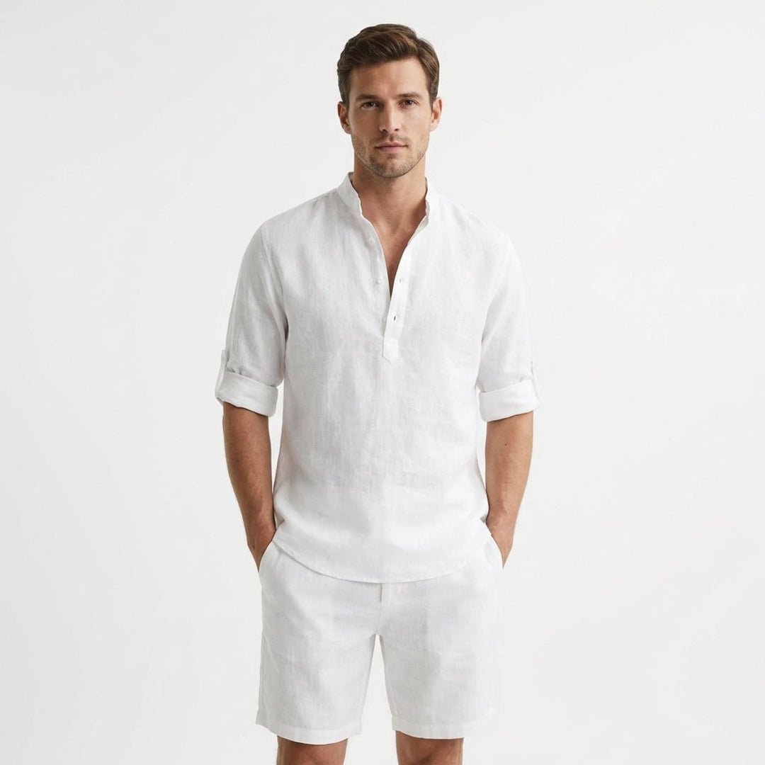 Men's Linen Henley Long-Sleeve Shirt Band Collar Rolled Sleeves