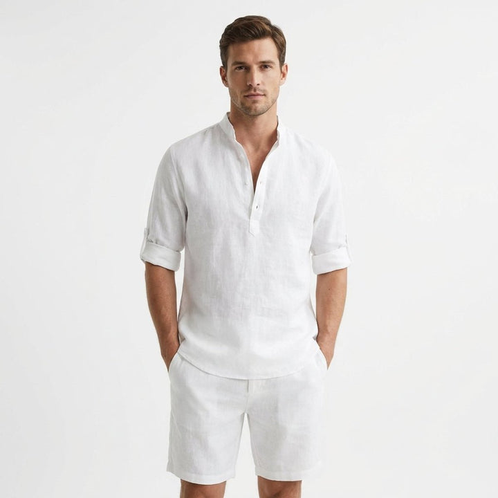 Men's Linen Henley Long-Sleeve Shirt Band Collar Rolled Sleeves