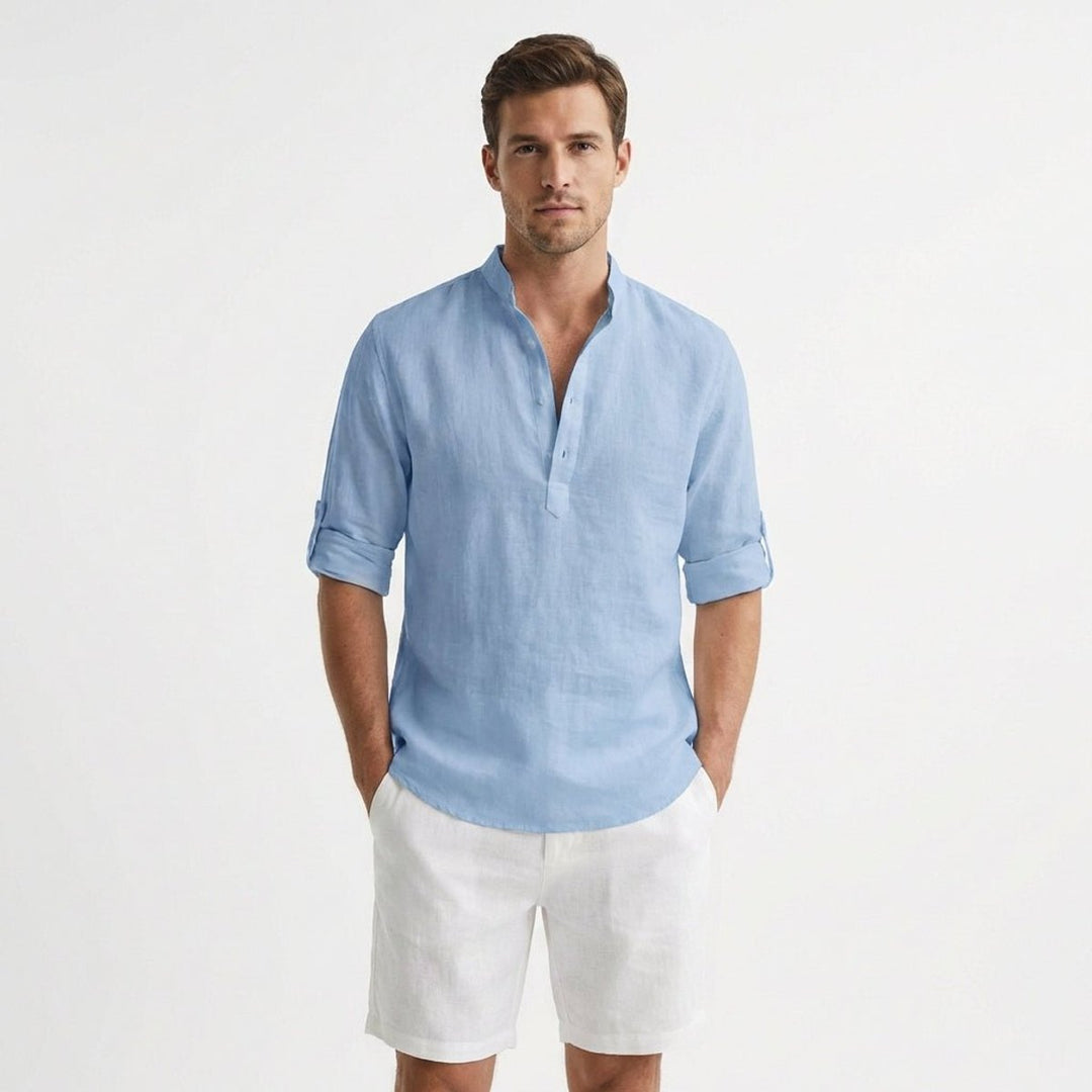 Men's Linen Henley Long-Sleeve Shirt Band Collar Rolled Sleeves