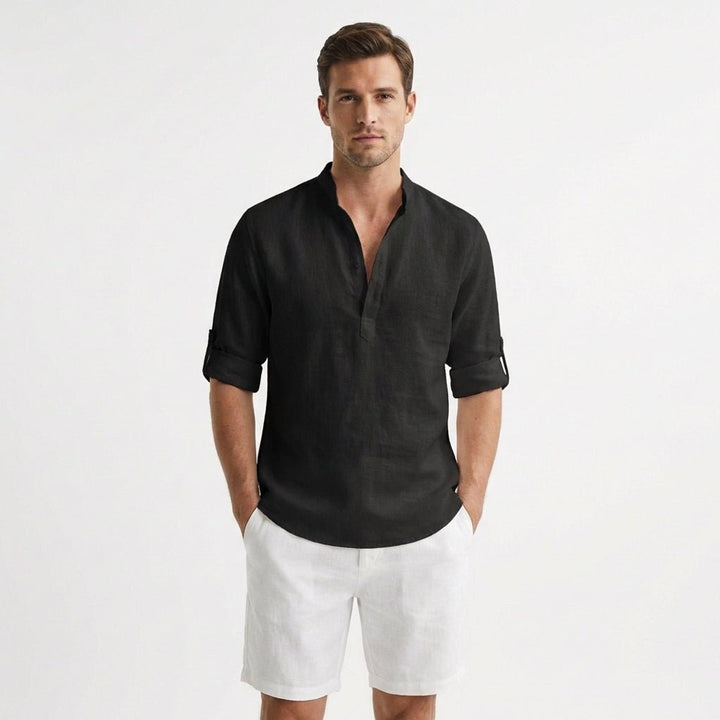 Men's Linen Henley Long-Sleeve Shirt Band Collar Rolled Sleeves