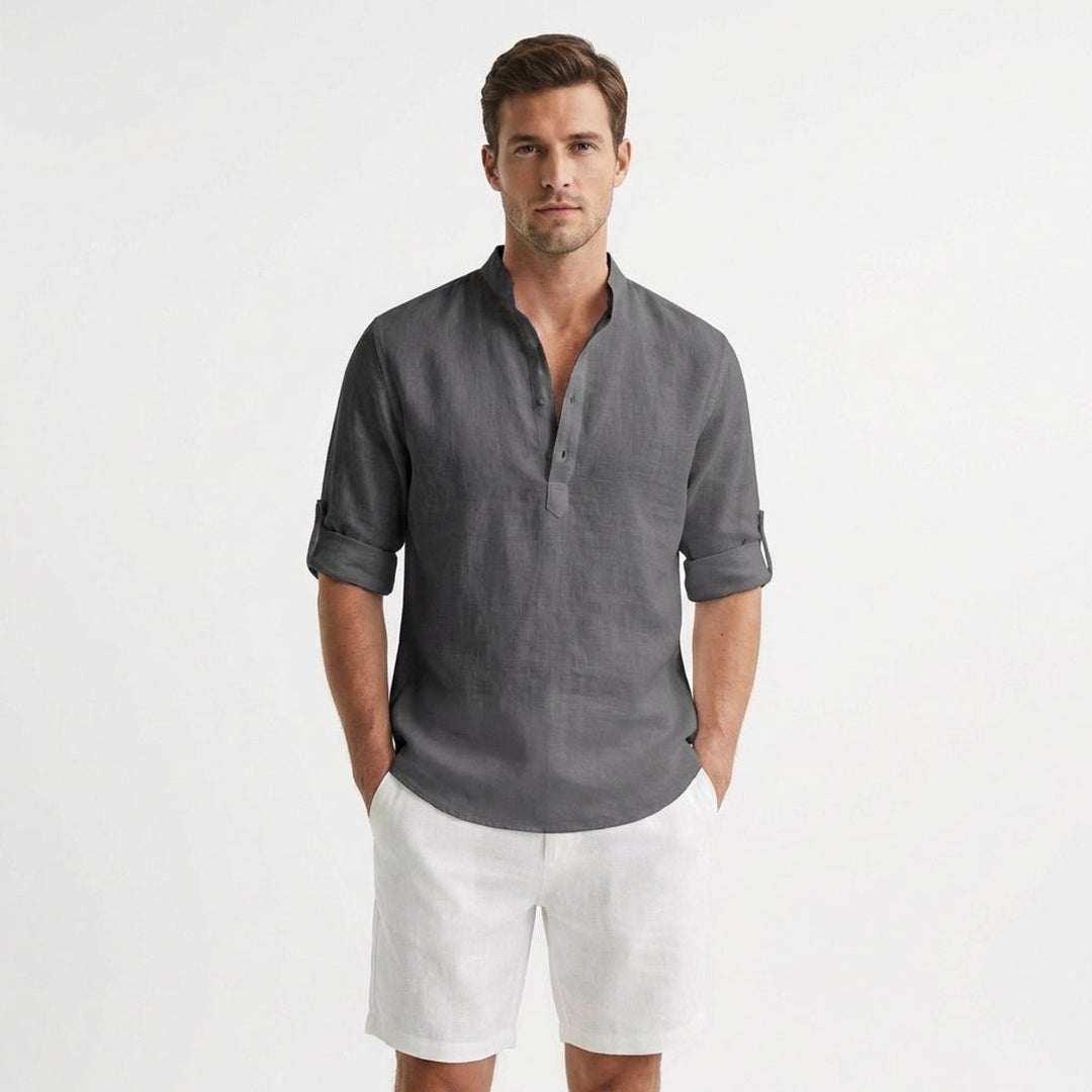 Men's Linen Henley Long-Sleeve Shirt Band Collar Rolled Sleeves