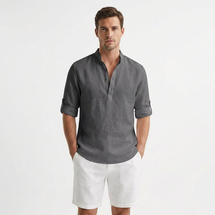 Men's Linen Henley Long-Sleeve Shirt Band Collar Rolled Sleeves