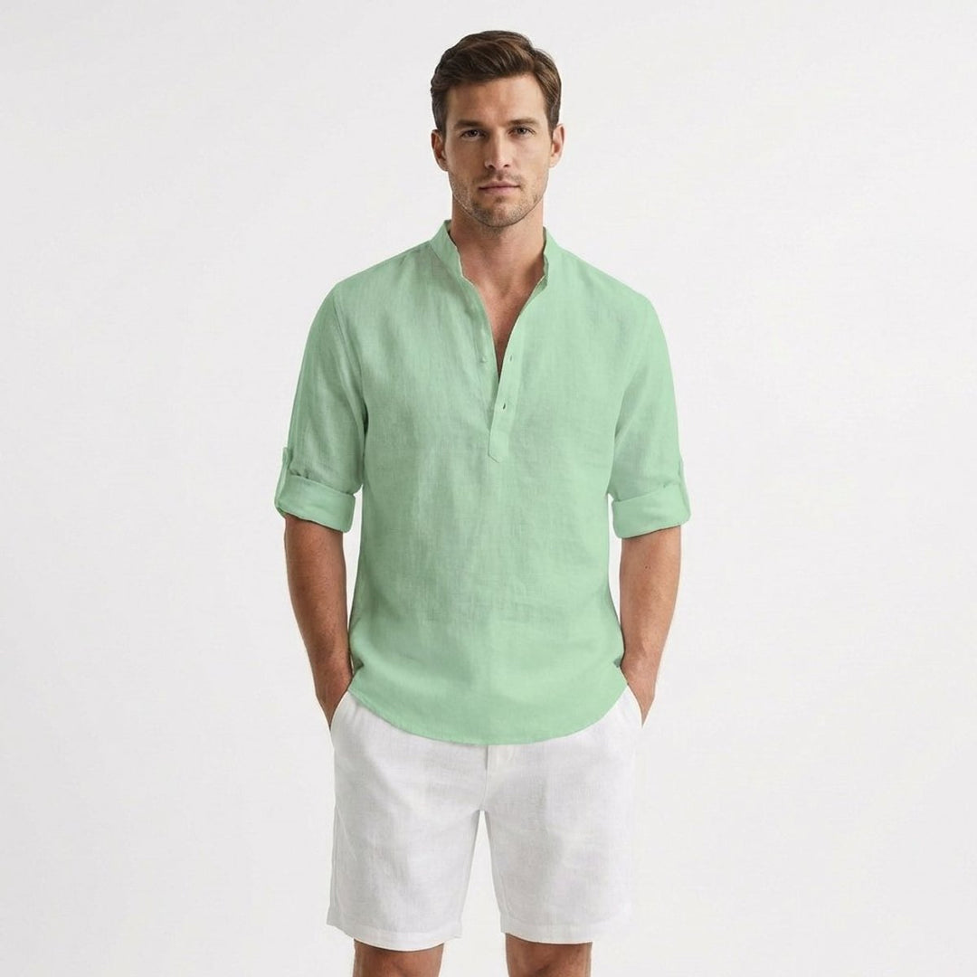 Men's Linen Henley Long-Sleeve Shirt Band Collar Rolled Sleeves