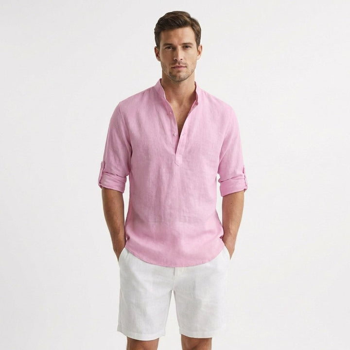 Men's Linen Henley Long-Sleeve Shirt Band Collar Rolled Sleeves