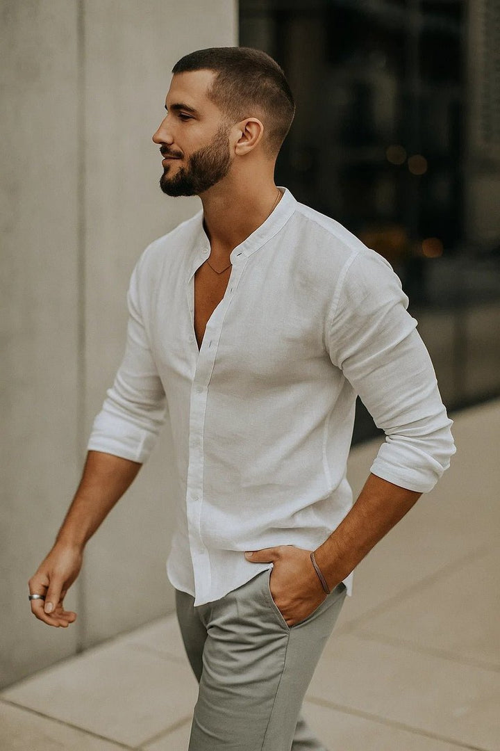 Men's Linen Long-Sleeve Henley Grandad Collar Shirt
