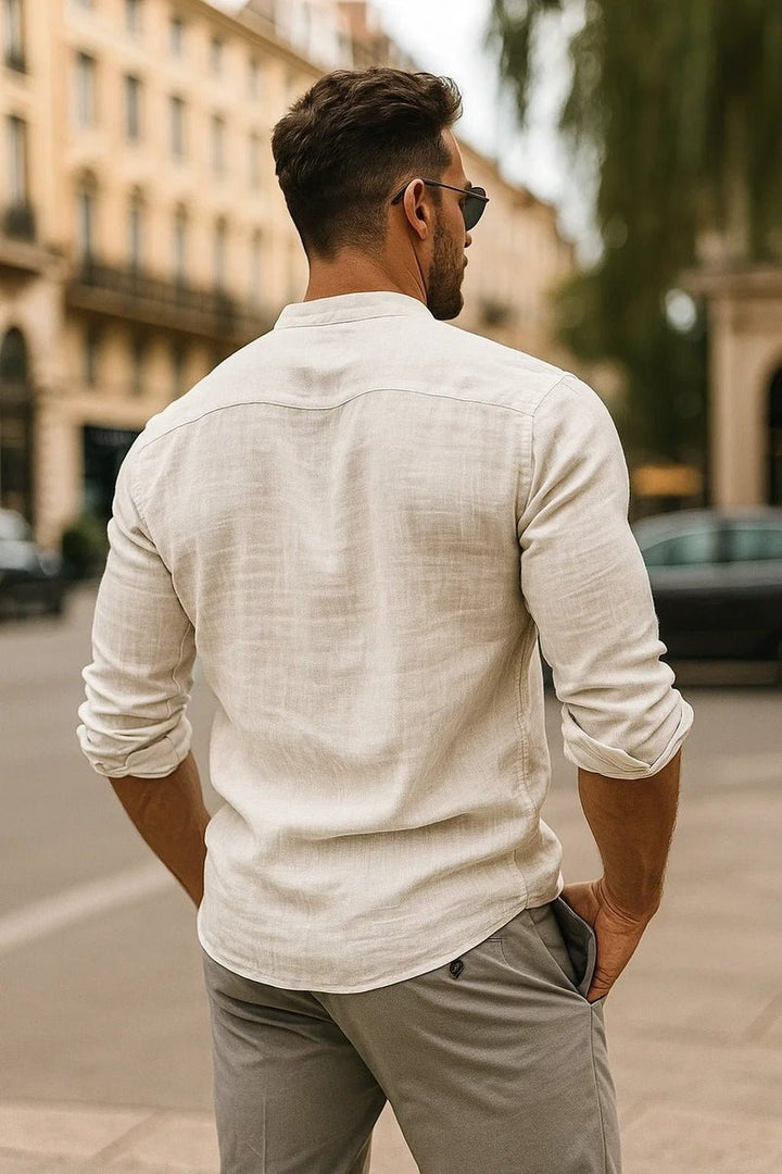 Men's Linen Long-Sleeve Henley Grandad Collar Shirt