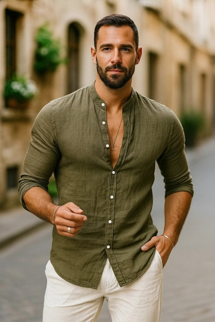 Men's Linen Long-Sleeve Henley Grandad Collar Shirt
