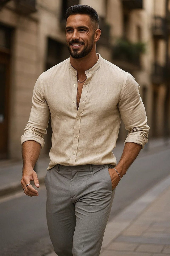 Men's Linen Long-Sleeve Henley Grandad Collar Shirt