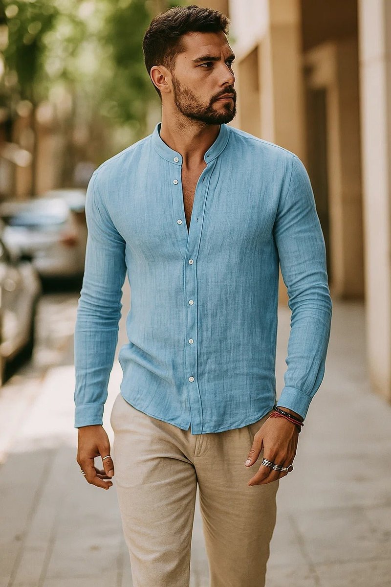 Men's Linen Long-Sleeve Henley Grandad Collar Shirt