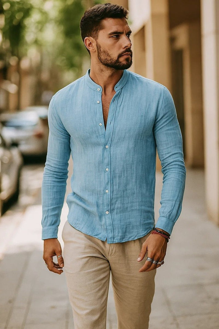 Men's Linen Long-Sleeve Henley Grandad Collar Shirt