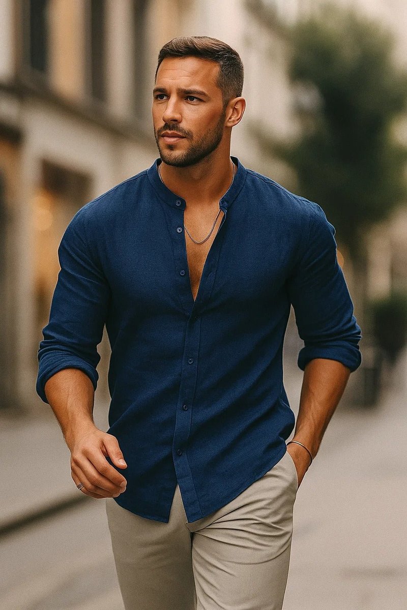 Men's Linen Long-Sleeve Henley Grandad Collar Shirt