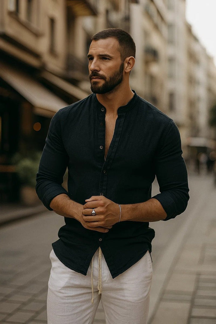 Men's Linen Long-Sleeve Henley Grandad Collar Shirt