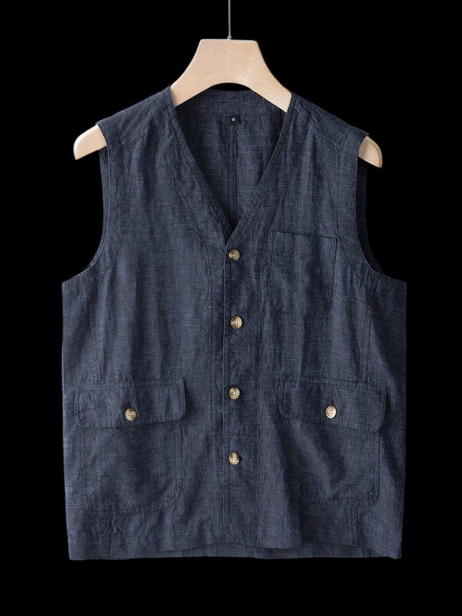 Men's Linen Sleeveless Waistcoat Vest Cardigan Button-Front