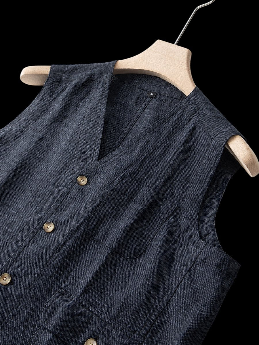 Men's Linen Sleeveless Waistcoat Vest Cardigan Button-Front
