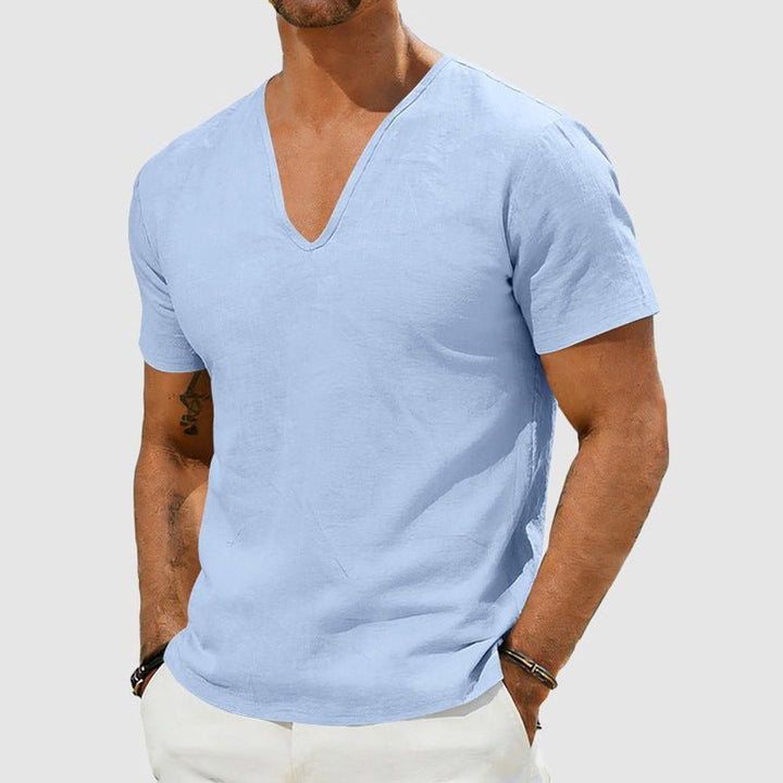 Men's Linen V-Neck Short Sleeve Henley Long-Sleeve Shirt