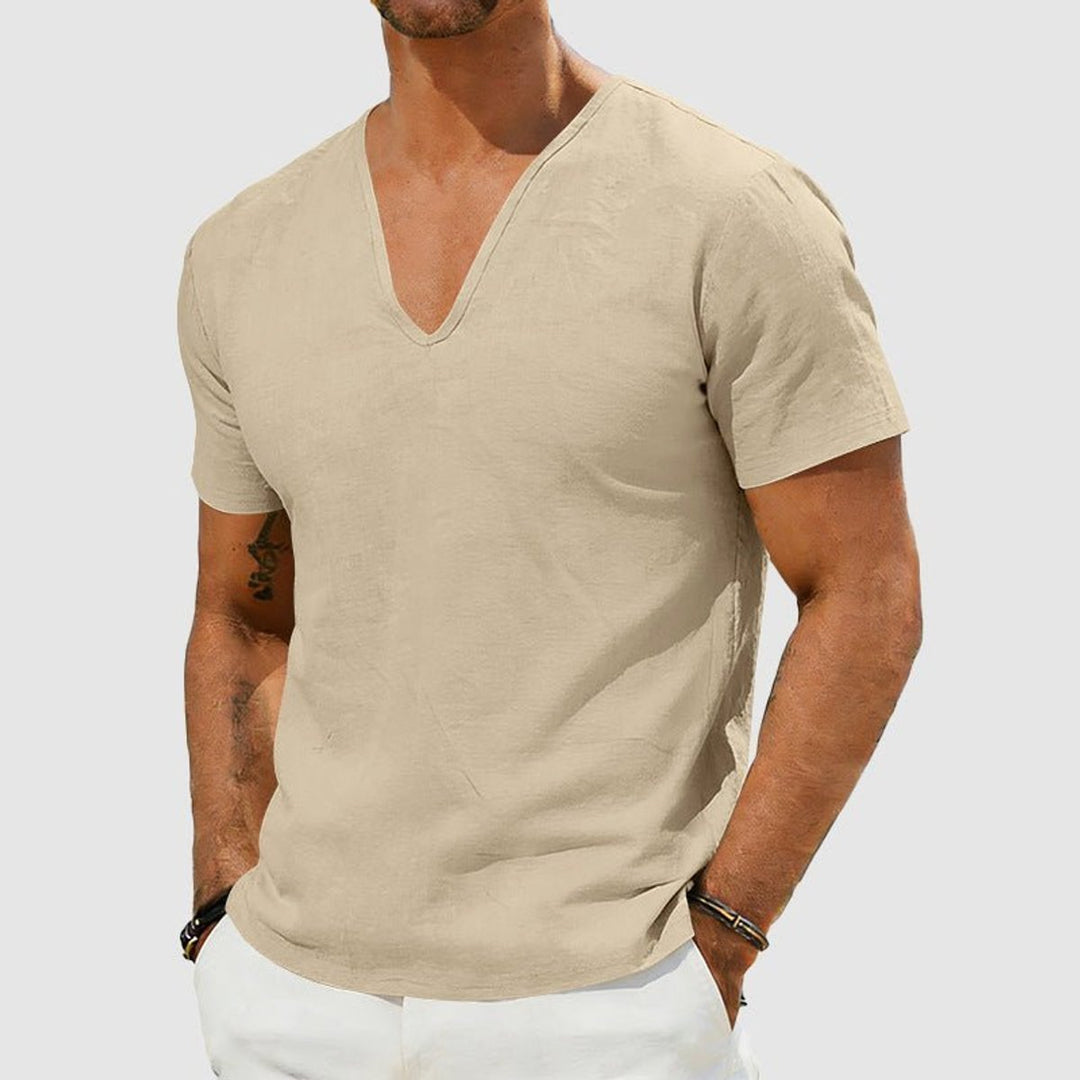 Men's Linen V-Neck Short Sleeve Henley Long-Sleeve Shirt