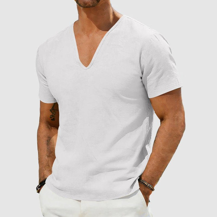 Men's Linen V-Neck Short Sleeve Henley Long-Sleeve Shirt