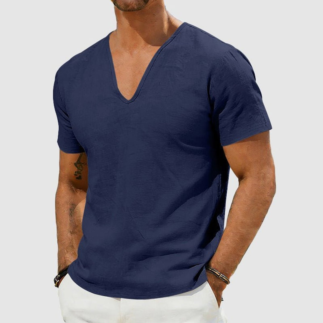 Men's Linen V-Neck Short Sleeve Henley Long-Sleeve Shirt