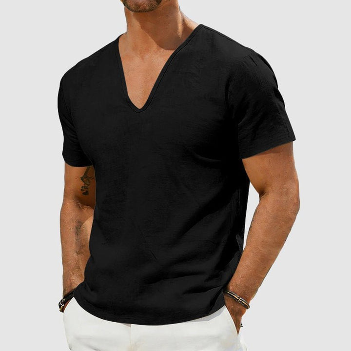 Men's Linen V-Neck Short Sleeve Henley Long-Sleeve Shirt