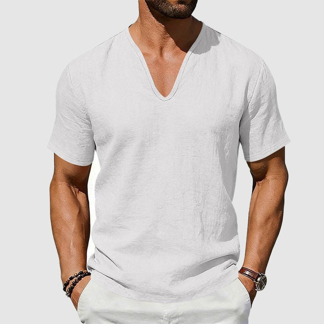 Men's Linen V-Neck Short Sleeve Henley Long-Sleeve Shirt