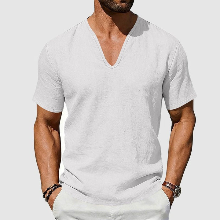 Men's Linen V-Neck Short Sleeve Henley Long-Sleeve Shirt