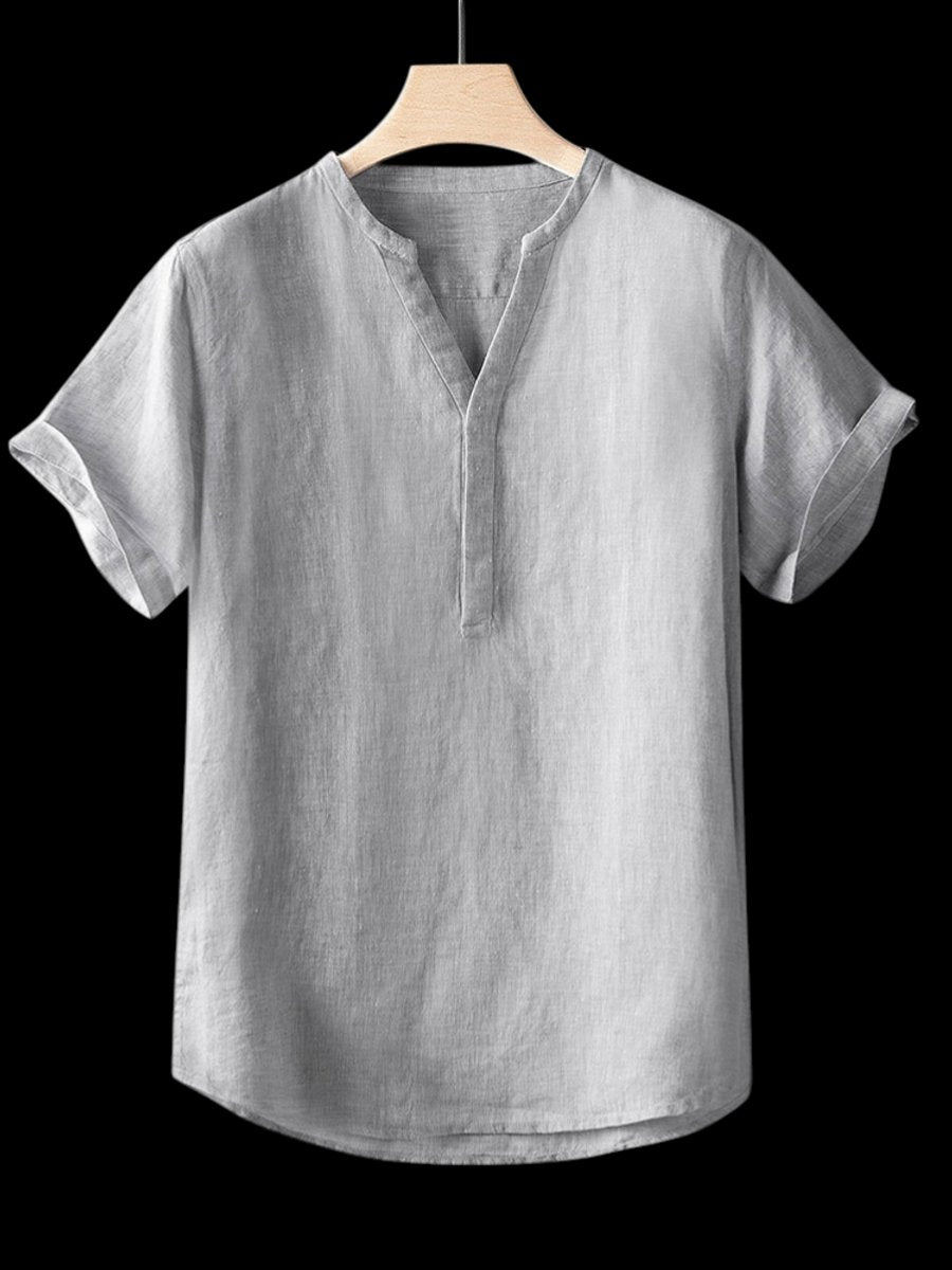 Mens Linen V-Neck Short-Sleeve Relaxed Pullover Shirt