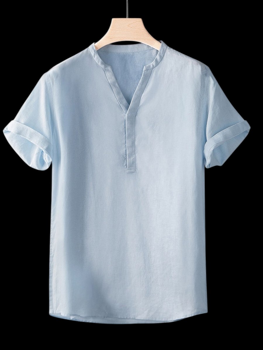 Mens Linen V-Neck Short-Sleeve Relaxed Pullover Shirt