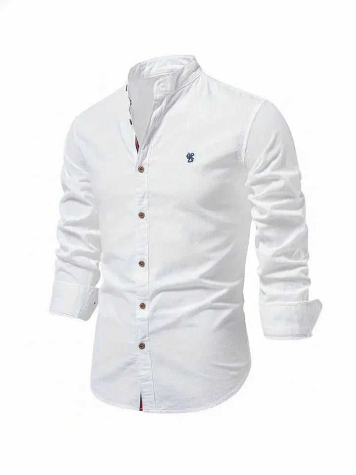 Mens Long-Sleeve Band Collar Button-Down Casual Shirt