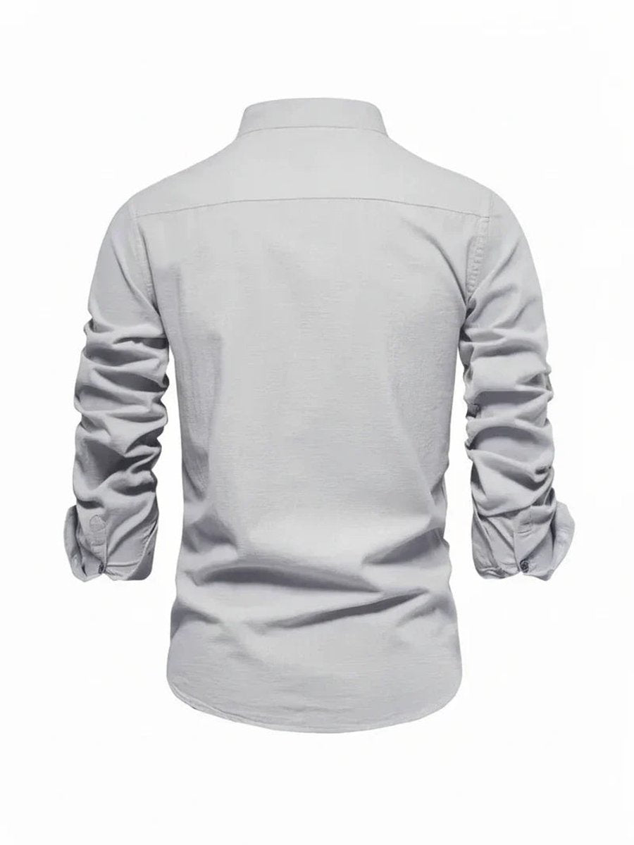 Mens Long-Sleeve Band Collar Button-Down Casual Shirt