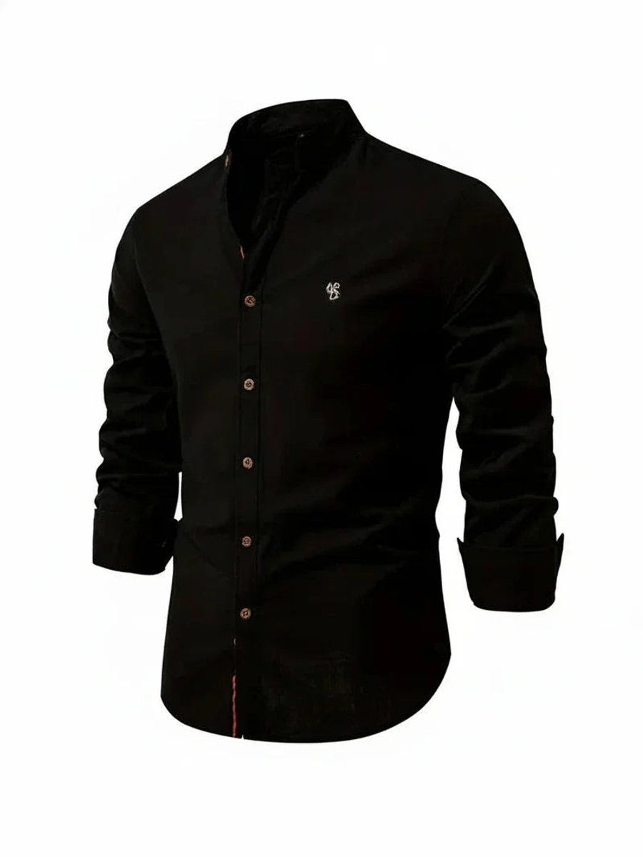 Mens Long-Sleeve Band Collar Button-Down Casual Shirt