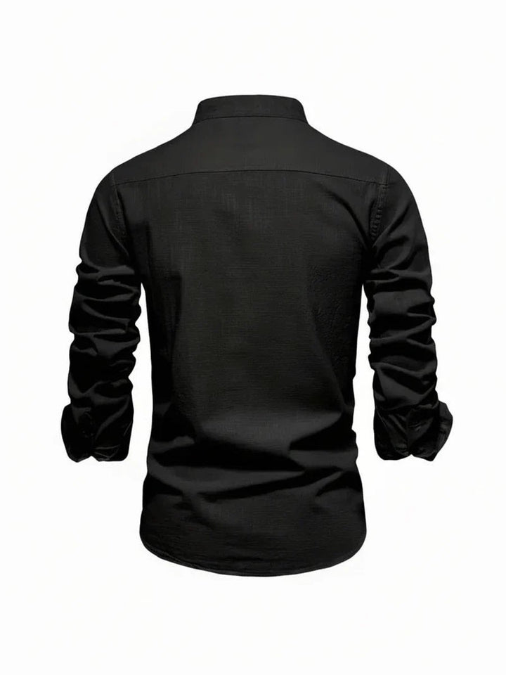 Mens Long-Sleeve Band Collar Button-Down Casual Shirt
