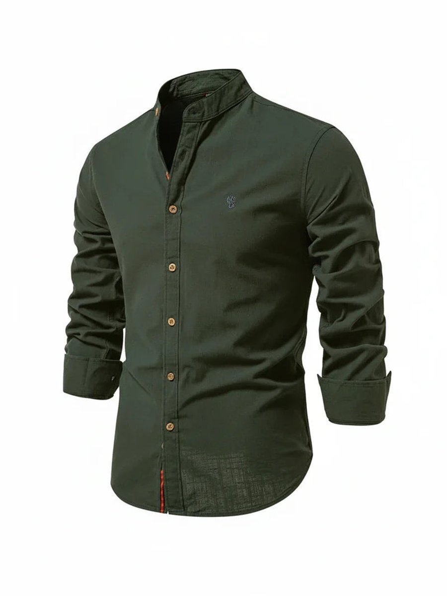 Mens Long-Sleeve Band Collar Button-Down Casual Shirt
