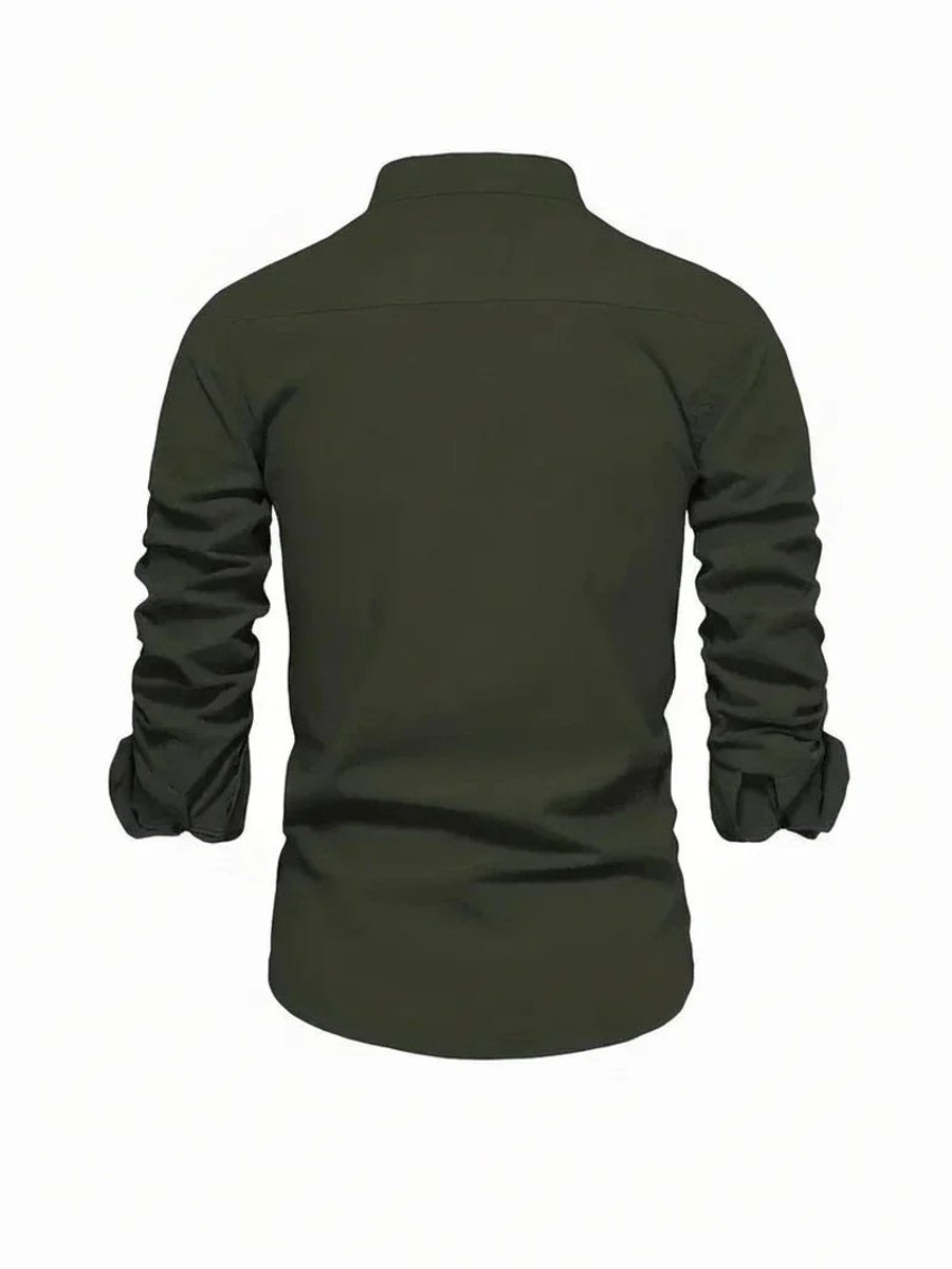 Mens Long-Sleeve Band Collar Button-Down Casual Shirt