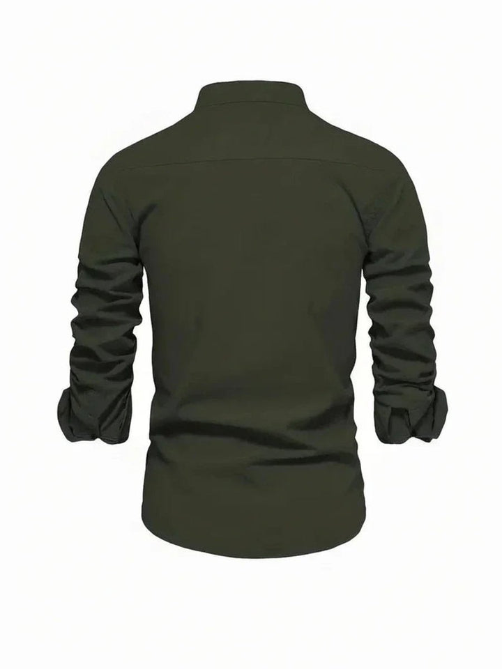 Mens Long-Sleeve Band Collar Button-Down Casual Shirt