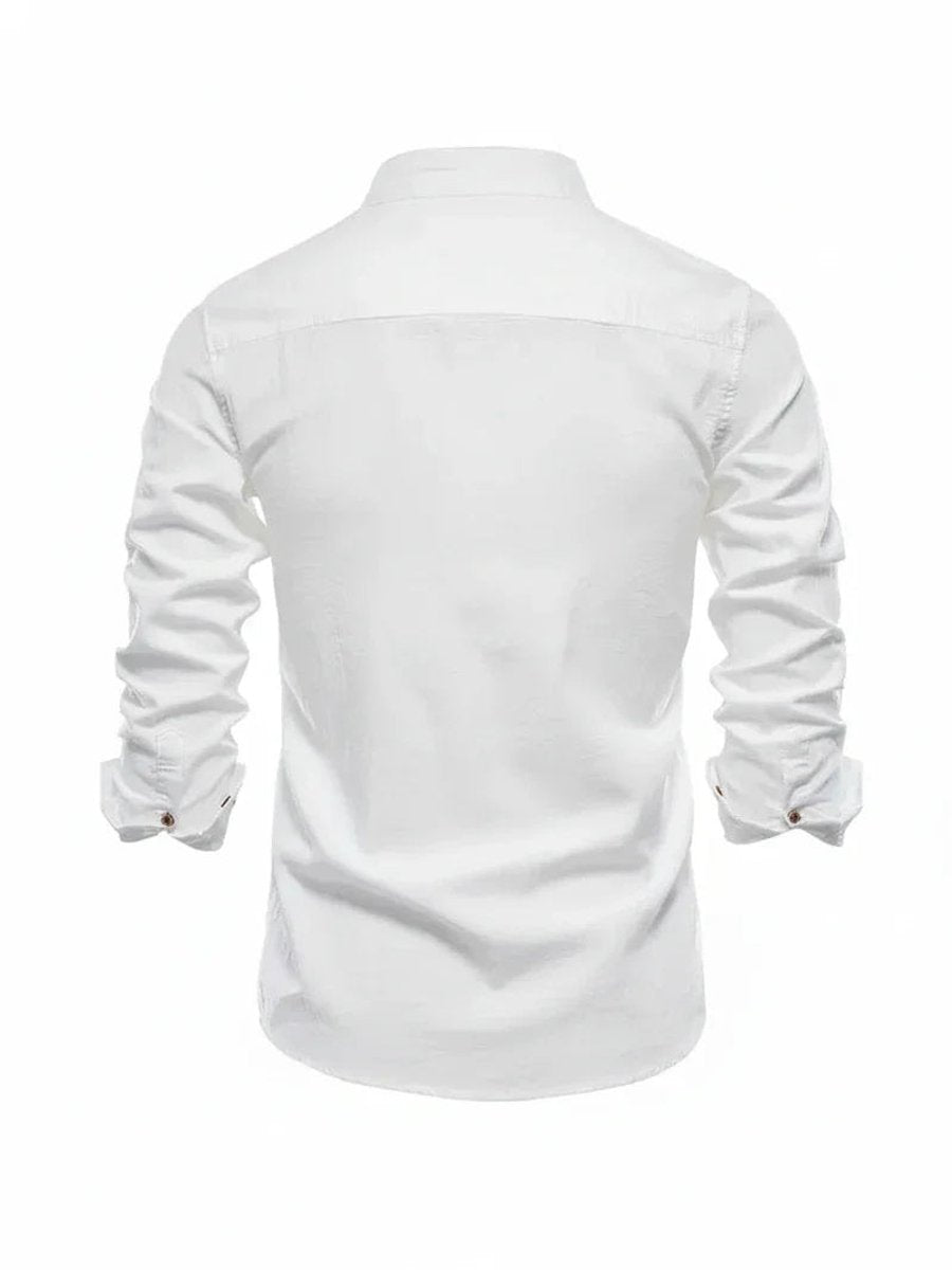 Mens Long-Sleeve Band Collar Button-Down Casual Shirt