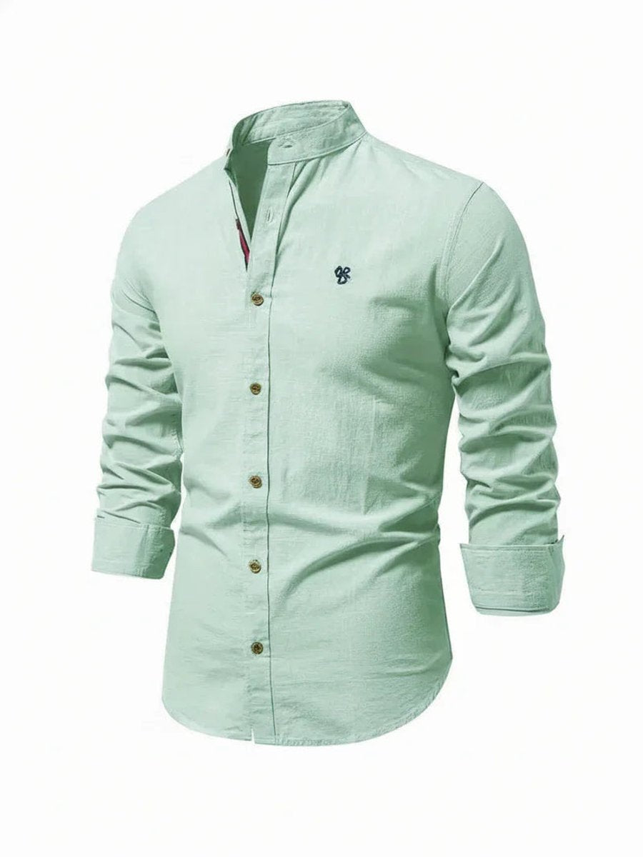 Mens Long-Sleeve Band Collar Button-Down Casual Shirt