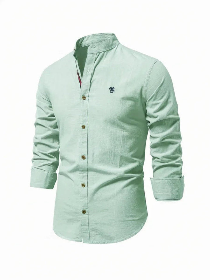 Mens Long-Sleeve Band Collar Button-Down Casual Shirt