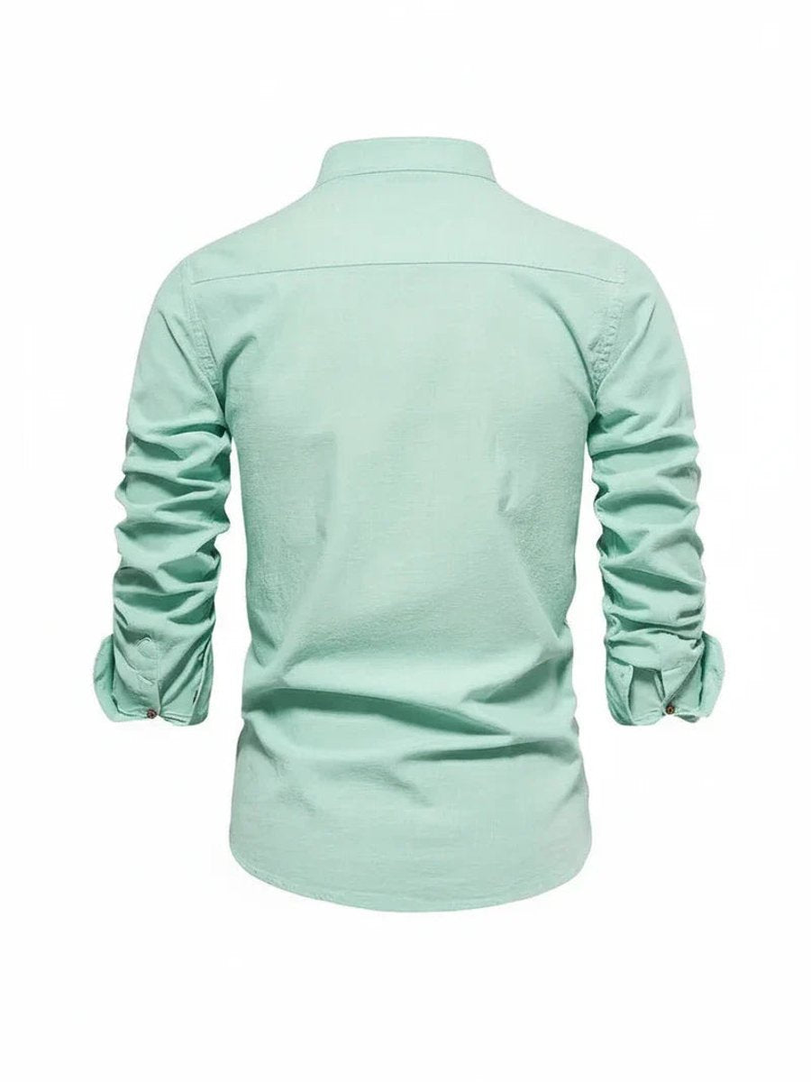 Mens Long-Sleeve Band Collar Button-Down Casual Shirt