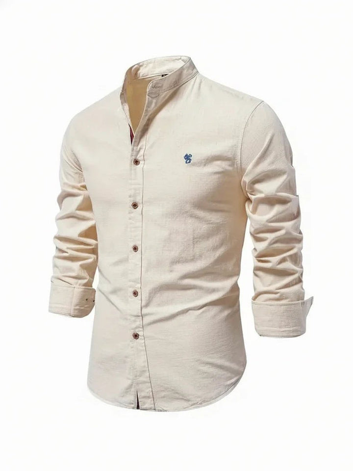 Mens Long-Sleeve Band Collar Button-Down Casual Shirt