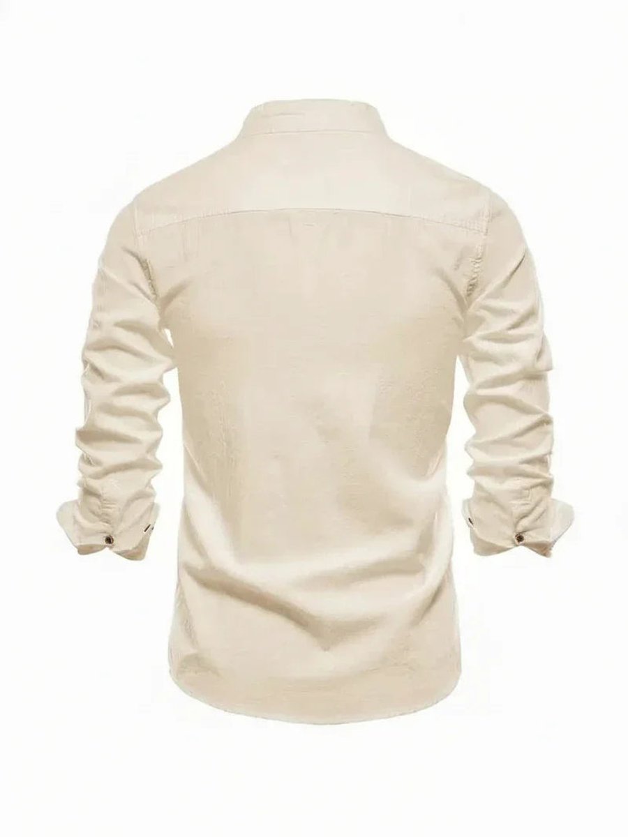 Mens Long-Sleeve Band Collar Button-Down Casual Shirt