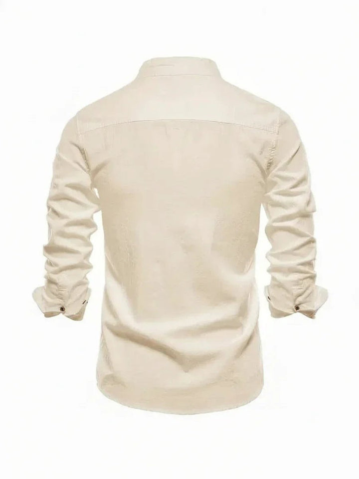 Mens Long-Sleeve Band Collar Button-Down Casual Shirt