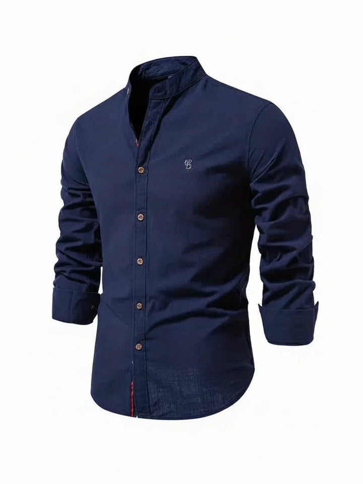 Mens Long-Sleeve Band Collar Button-Down Casual Shirt