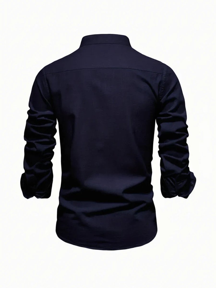 Mens Long-Sleeve Band Collar Button-Down Casual Shirt