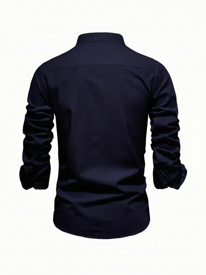 Mens Long-Sleeve Band Collar Button-Down Casual Shirt