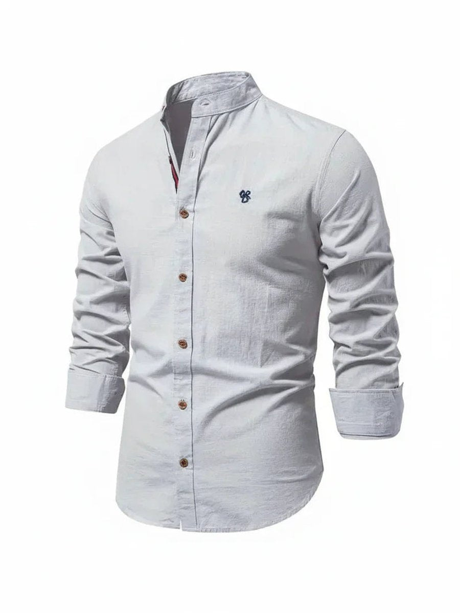 Mens Long-Sleeve Band Collar Button-Down Casual Shirt