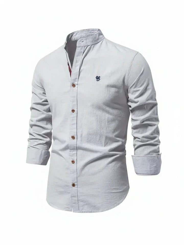 Mens Long-Sleeve Band Collar Button-Down Casual Shirt