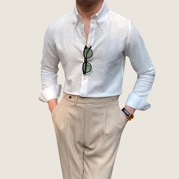 Men's Long-Sleeve Button-Down Linen Shirt Slim-Fit