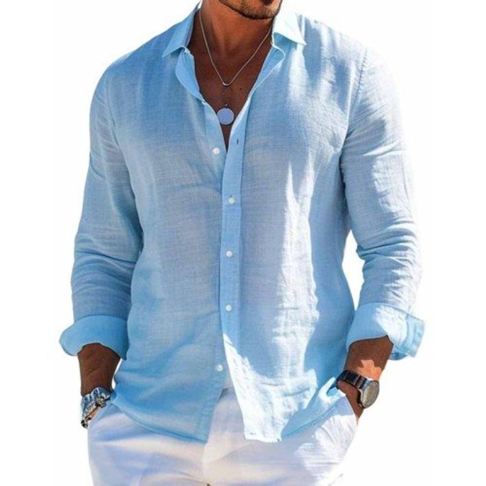 Mens Long Sleeve Button-Down Relaxed Fit Linen Shirt