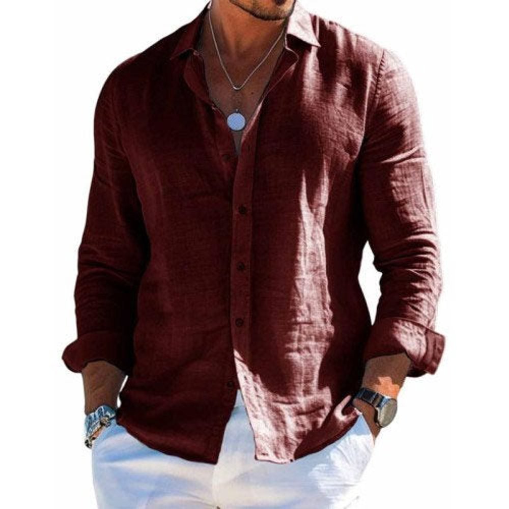 Men's Long-Sleeve Button-Up Linen Casual Shirt